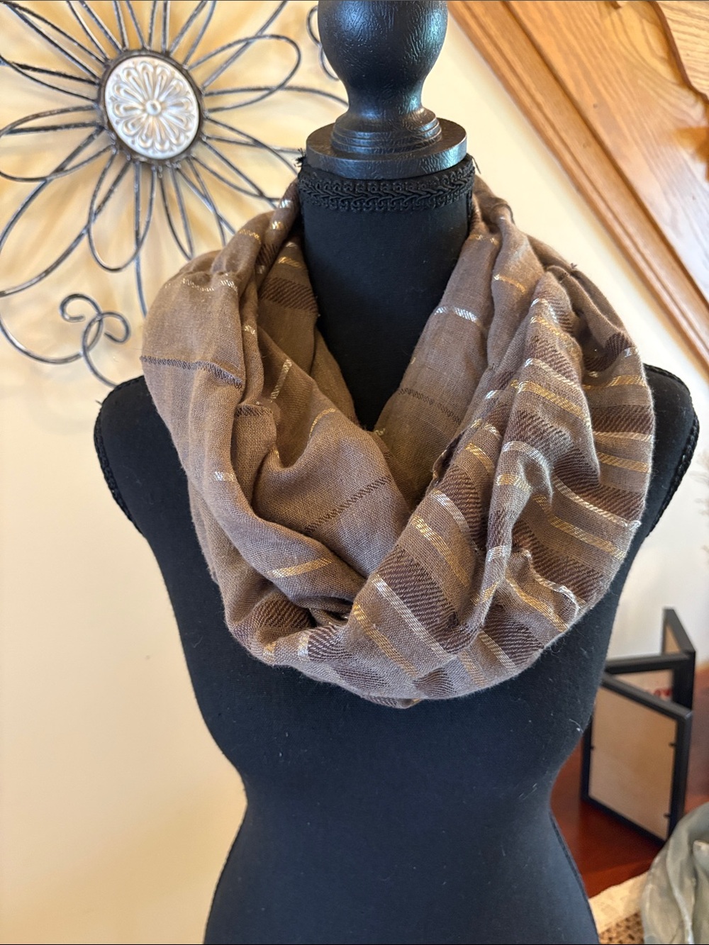 Women's Brown Infinity Scarf with Metallic Stripe Accents